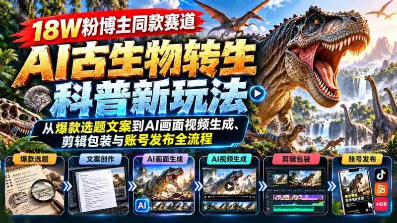 18W粉博主同款赛道-AI古生物转生科普新玩法:从爆款选题文案到AI画面视频生成、剪辑包装与账号发布全流程-有道网创