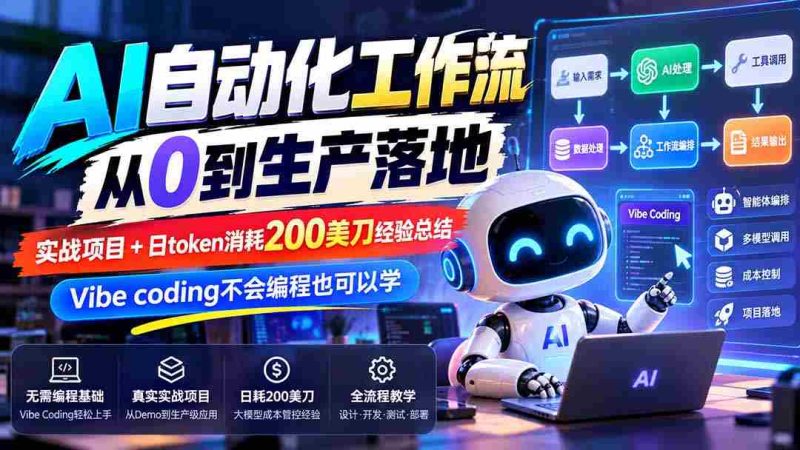 【无水印】AI自动化工作流从0到生产落地,实战项目+日token消耗200美刀经验总结,Vibe coding不会编程也可以学-有道网创
