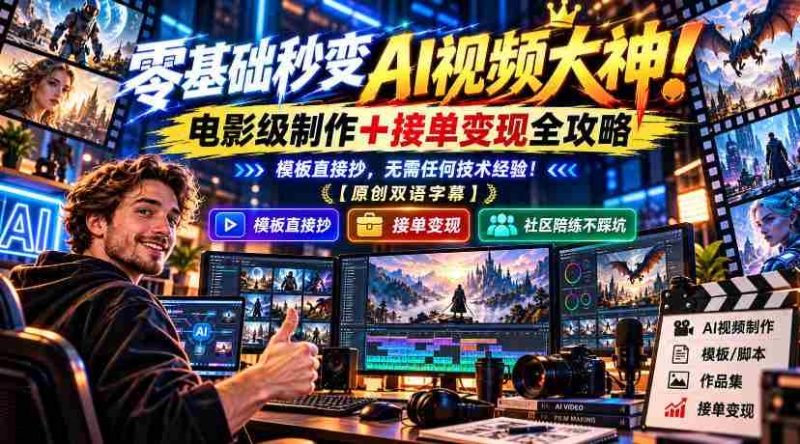从菜鸟到视频制作达人:AI助力,电影质感作品轻松达成,接单赚钱不求人!一学即会,零技术门槛!【独家双语讲解-有道网创