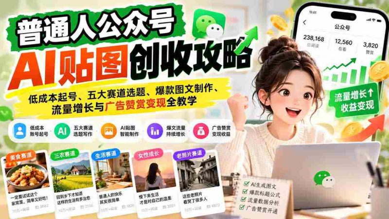 普通人公众号AI贴图创收攻略:低成本起号、五大赛道选题、爆款图文制作、流量增长与广告赞赏变现全教学-有道网创
