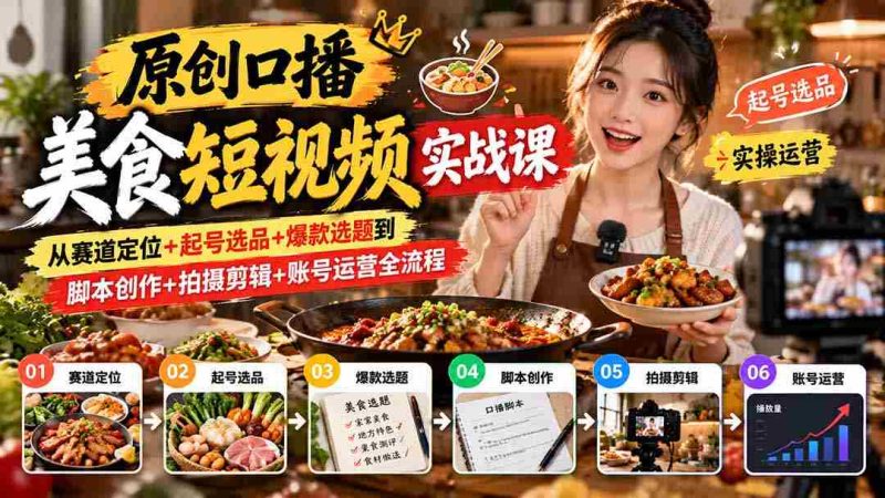 独家揭秘:一课精通美食短视频制作:从找准赛道、精选内容到爆款选题、脚本打磨,全方位指导拍摄剪辑与账号运营技巧-有道网创