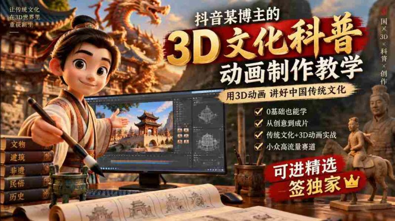 抖音某博主的3D文化科普动画制作教学，用3D动画呈现中国传统文化，可进精选签独家，单日收益1k+-有道网创