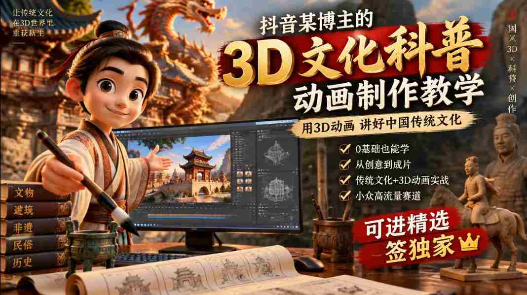 抖音某博主的3D文化科普动画制作教学，用3D动画呈现中国传统文化，可进精选签独家，单日收益1k+-有道网创