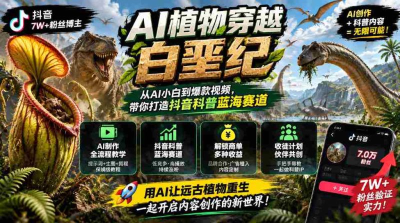抖音达人引领AI植物穿越白垩纪之旅:科普新领域掘金,解锁多渠道盈利模式与学徒招募计划-有道网创