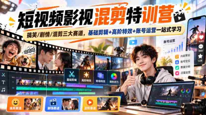 影视混剪达人速成班:笑料百出/剧情跌宕/混剪高手争霸,从基础剪辑到高级特效,再到账号运营,全方位一站式掌握-有道网创