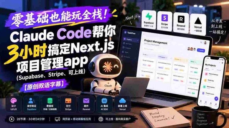 零基础也能玩全栈!Claude Code帮你3小时搞定Next.js项目管理app(Supabase、Stripe、可上线)【原创双语字幕】-有道网创