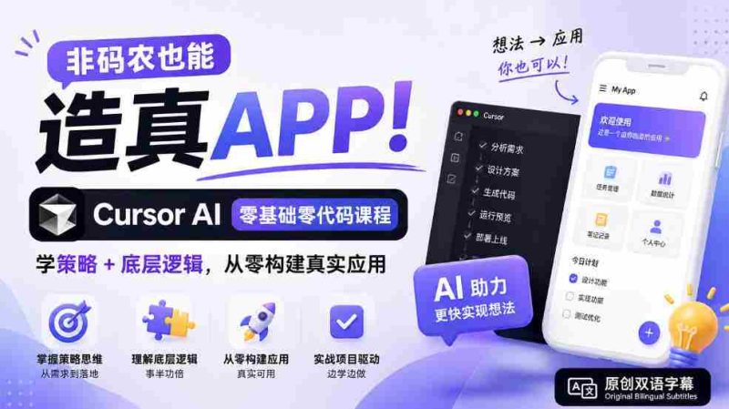 非码农也能造真APP!Cursor AI零基础零代码课程:学策略+底层逻辑,从零构建真实应用【原创双语字幕】-有道网创