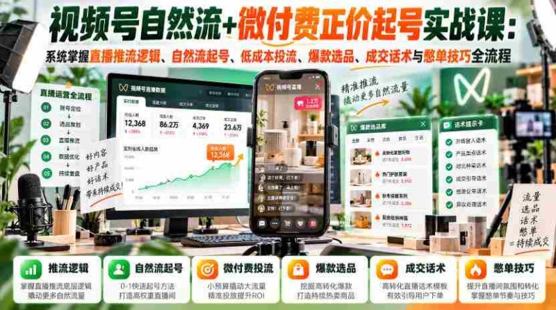 视频号自然流+微付费正价起号实战课:系统掌握直播推流逻辑、自然流起号、低成本投流、爆款选品、成交话术与憋单技巧全流程-有道网创