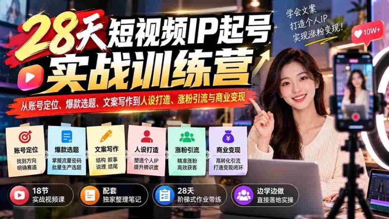 28天短视频红人孵化班:账号定位、爆款内容、文案创作、人设塑造、粉丝增长与盈利技巧一网打尽-有道网创