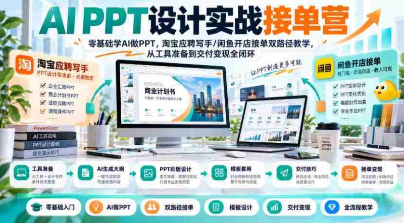 AI PPT设计实战训练营:新手也能轻松驾驭AI制作PPT,揭秘淘宝写手和闲鱼店铺双通道,全流程指导从工具使用到成果变现-有道网创