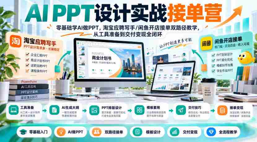 AI PPT设计实战训练营：新手也能轻松驾驭AI制作PPT，揭秘淘宝写手和闲鱼店铺双通道，全流程指导从工具使用到成果变现-有道网创