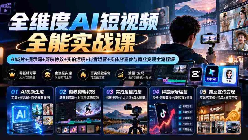 一网打尽】AI短视频制作高手训练营:从AI剪辑到抖音运营,全方位实操教学助力商业变现-有道网创