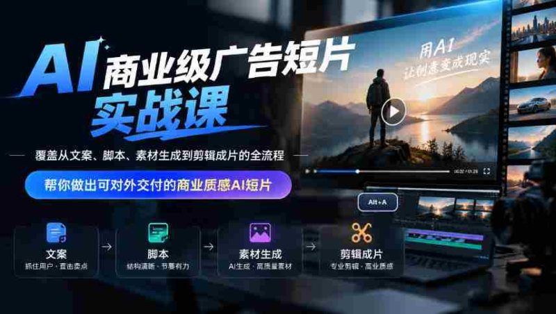 AI商业级广告短片实战课,覆盖从文案、脚本、素材生成到剪辑成片的全流程,帮你做出可对外交付的商业质感AI短片-有道网创