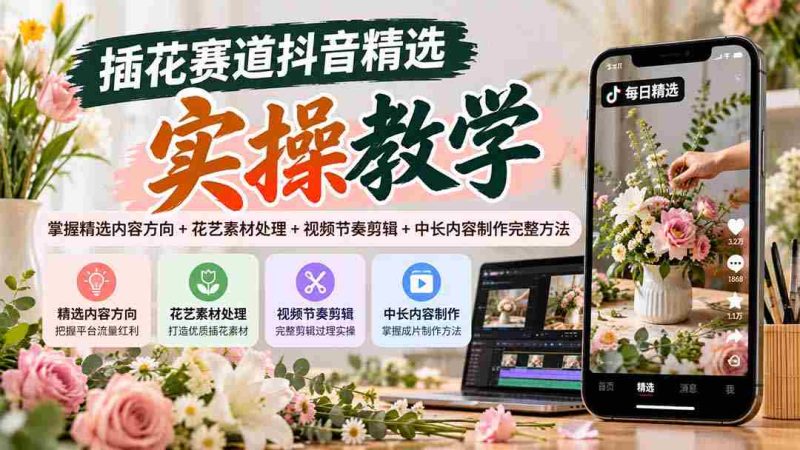 抖音插花教程:解锁内容选优+素材运用+视频剪辑技巧+中长内容创作全攻略-有道网创