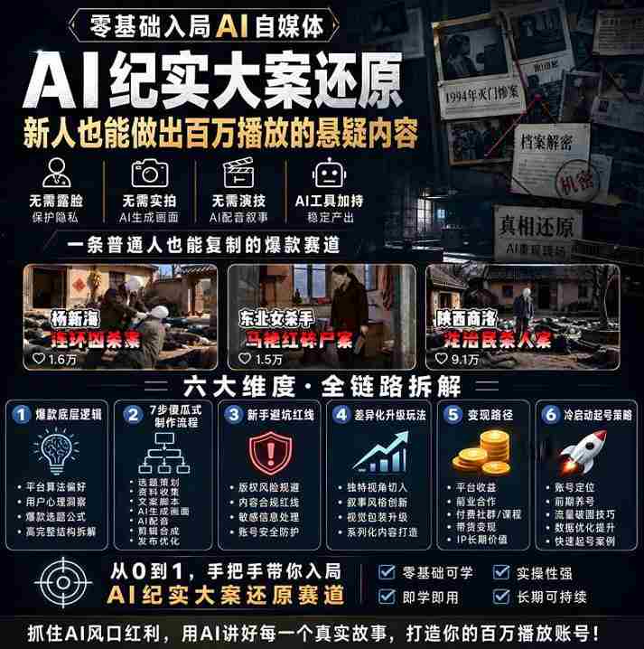 抖音8W粉丝博主的AI纪实大案还原教学，新人也能做出百W播放的悬疑内容，抓住AI风口红利，用AI讲好每一个真实故事