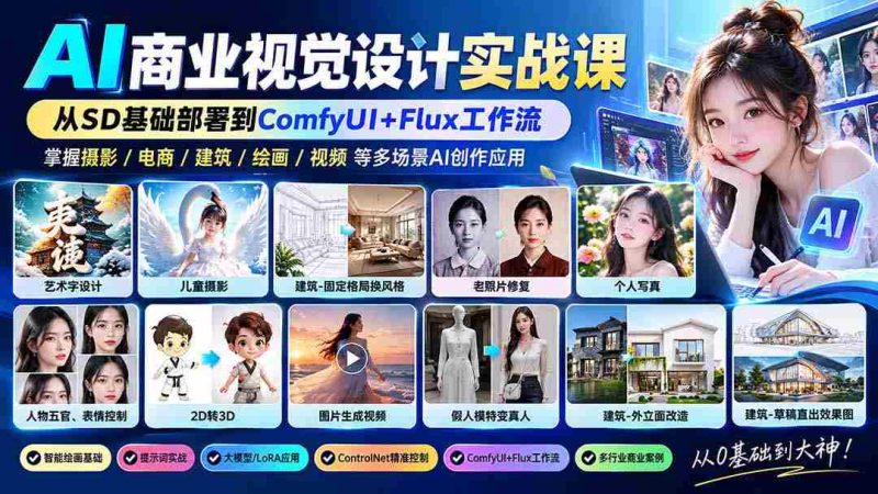 零水印】AI商业视觉设计实操教学:从SD核心部署至ComfyUI+Flux流程,解锁摄影、电商、建筑AI创作秘籍-有道网创