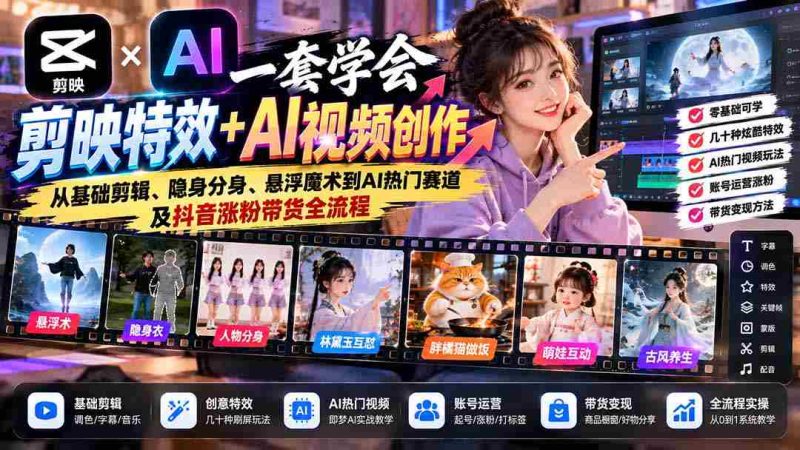 一套学会剪映特效+AI视频创作:从基础剪辑、隐身分身、悬浮魔术到AI热门赛道及抖音涨粉带货全流程-有道网创