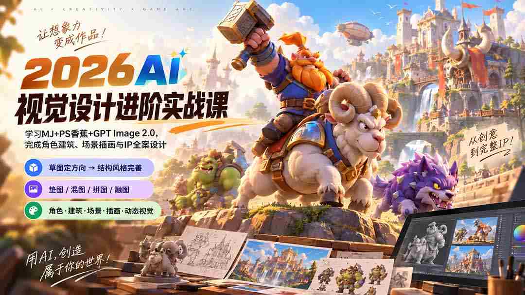 2026AI视觉设计提升课程：全面升级至1007版本，掌握MJ+PS香蕉技巧与GPT Image 2.0，打造角色建筑、场景插画及IP全案设计-有道网创