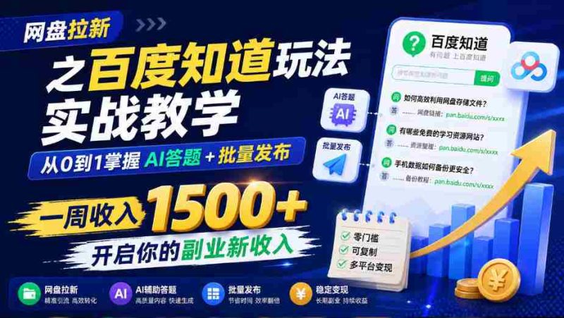 网盘拉新之百度知道玩法实战教学,从0到1掌握AI答题+批量发布,一周收入1500+,开启你的副业新收入-有道网创