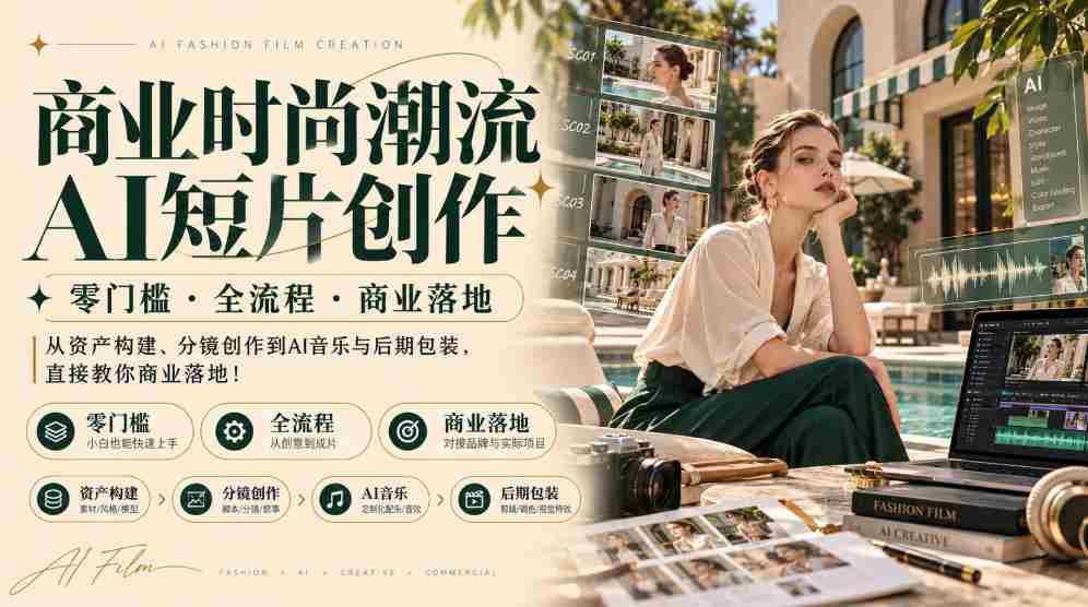 AI赋能时尚商业短片：零基础入手，全流程指导，助力商业成功，涵盖素材构建、镜头设计、AI音乐制作及后期制作，一站式教你实现商业价值！-有道网创