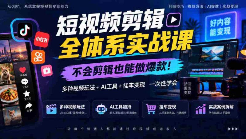 轻松掌握短视频剪辑秘籍,零基础打造热门内容,全方位学习视频制作、AI赋能及挂车盈利-有道网创