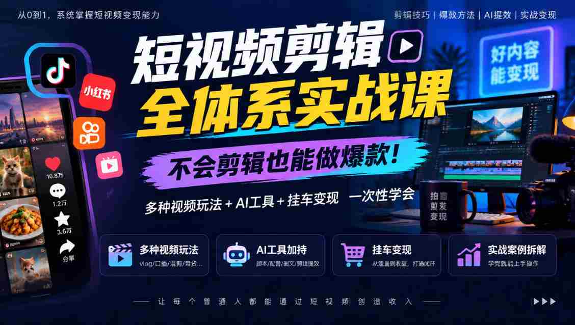 短视频剪辑全体系实战课,不会剪辑也能做爆款,多种视频玩法+AI工具+挂车变现一次性学