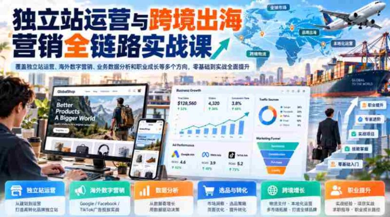 独立站运营与跨境出海营销全链路实战课,覆盖独立站运营、海外数字营销、业务数据分析和职业成长等多个方向,零基础到实战全面提升-有道网创