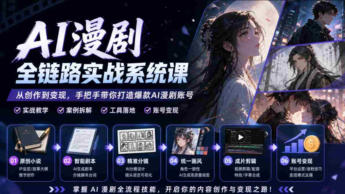 AI漫剧全链路实战系统课｜原创小说、智能剧本、精准分镜、统一画风、成片剪辑、账号变现实操教学-有道网创