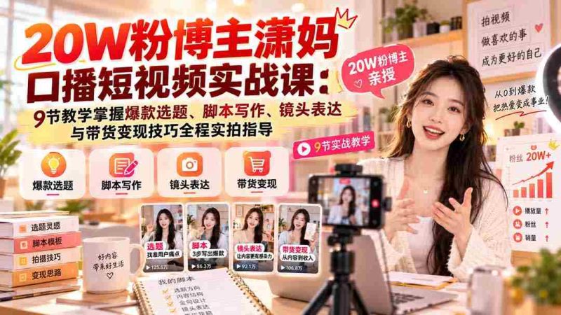 潇妈20万粉丝短视频达人公开课:深度解析9堂爆款视频制作课程,从选题到变现一网打尽!-有道网创