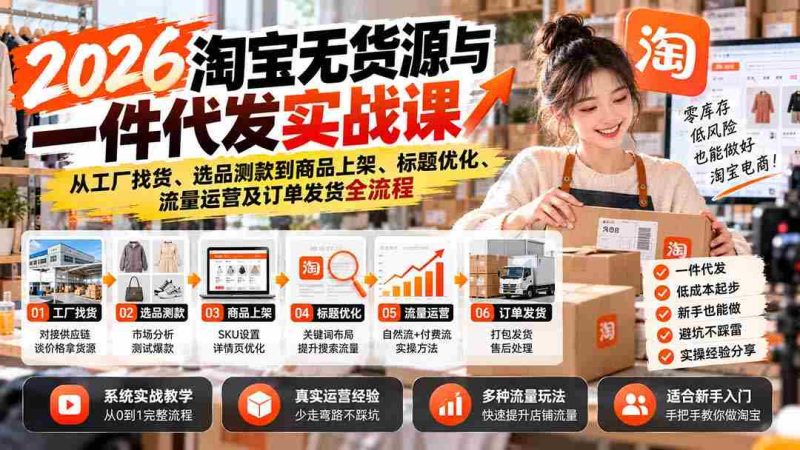 2026年淘宝无库存操作指南:揭秘从货源直击工厂、商品精选测款到上架推广、标题精修、流量引流及订单配送全攻略-有道网创