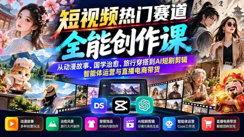 短视频爆款之路:涵盖动漫叙述、传统文化疗愈、旅游时尚搭配至AI剧集制作、智能助手运营及直播电商营销攻略-有道网创