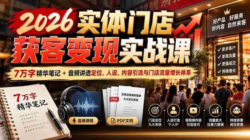 2026实体店吸客秘籍：全面解析7万字实战笔记与音频教程，深度揭秘店铺定位、个人形象塑造、内容营销及客流增长策略-有道网创